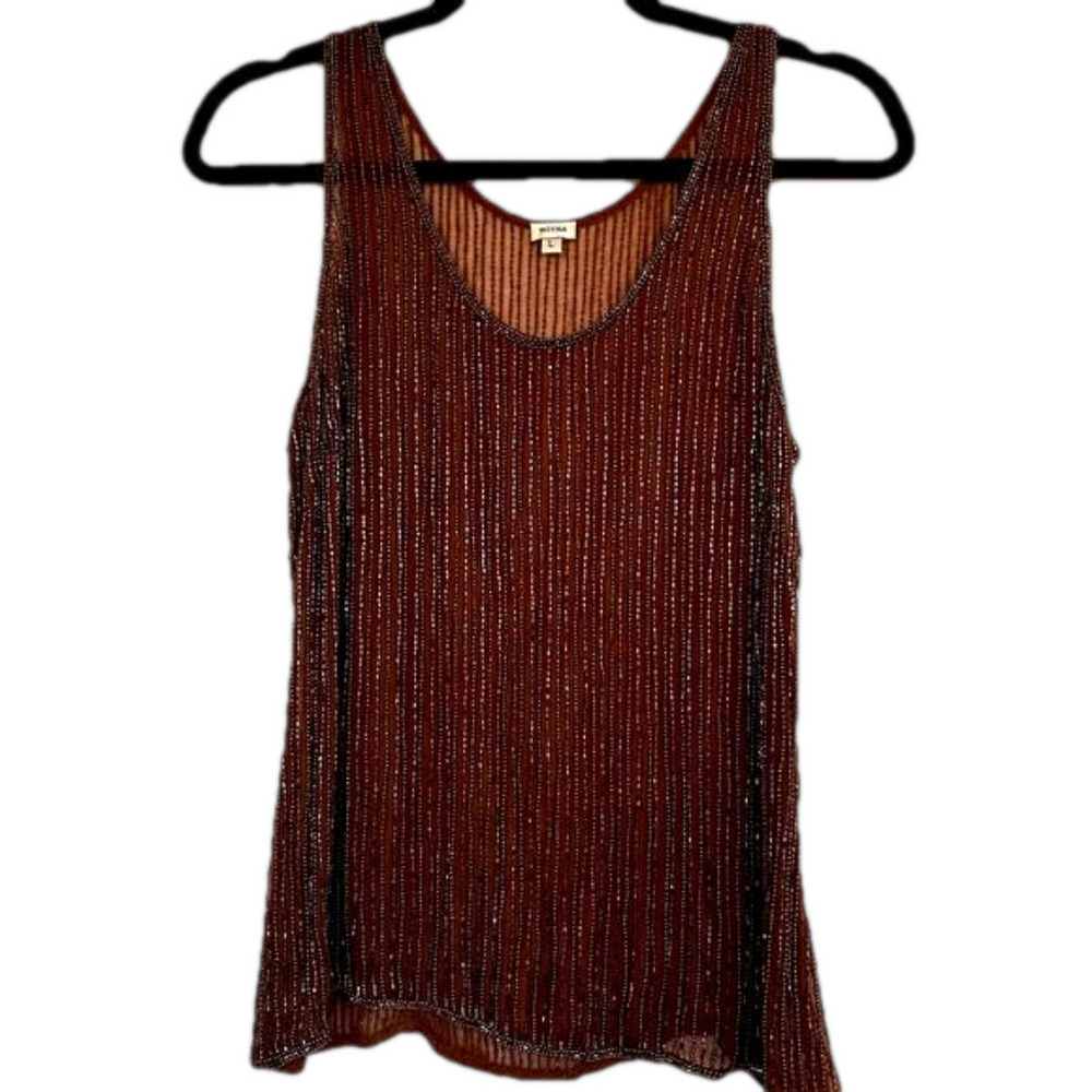 Anthropologie Moyna Sheer Beaded Brown Tank Top